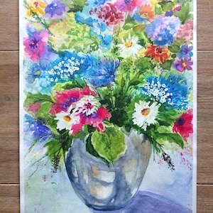 Original ramo de flores de acuarela con jarrón, hortensias, margaritas, acianos, formato vertical aprox. 30 x 40 cm, único, pintado a mano, ¡NO UNA IMPRESIÓN!