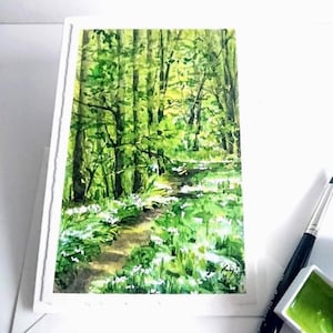 Aspérule dans la clairière, bain de forêt, carte pliante peinte à la main avec enveloppe, sans texte, 11,5 x 17 cm aquarelle originale - pas une impression numérique