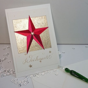 Handgeschilderde kerstster kerstkaart vouwkaart + envelop 11,5 x 17 cm, poederwit, champagne gouden glittereffecten, uniek - geen print