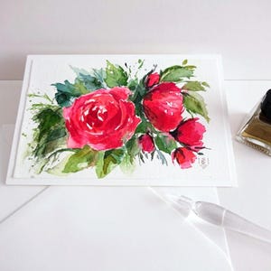 Carte pliante de roses roses-rouges peintes à la main, roses de campagne, carte de vœux avec enveloppe, sans texte, format paysage 11,5 x 17 cm, aquarelle originale unique !