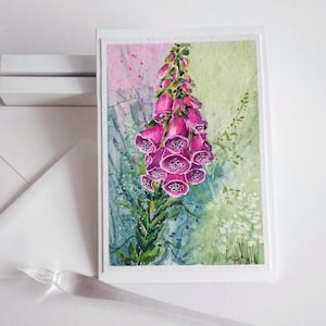 Cartão dobrável em aquarela pintado à mão, dedaleira roxa ou digital, 11,5 x 17 cm, com envelope, sem texto, exclusivo - não é uma impressão digital!
