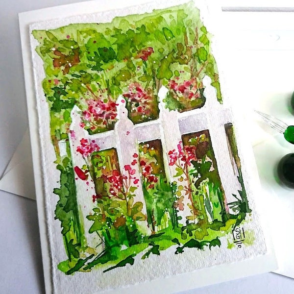 Original Aquarell Postkarte Gartenzaun Garten Ansicht blühende Blumen handgemaltes Unikat 11,5x17 cm Karton+Umschlag puderweiss - Kein Druck