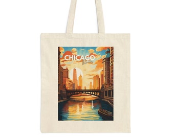 Chicago Wanderlust Explorer Cotton Canvas Tote Bag | Retro Travel Poster Art | Illinois