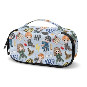 May include: A light blue pencil case featuring a repeating watercolor pattern of cartoon characters, books, wands, sorting hats, lightning bolts, and the letters HP. The rectangular bag has a black zipper closure and a top handle for easy carrying.