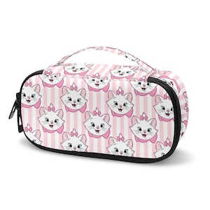 May include: A rectangular cosmetic bag with a repeating pattern of a white cat with a pink bow and collar on a pink and white striped background. It has a black zip and a matching handle.