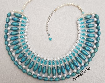 Collier en perles fait main, collier plastron bleu, collier en perles en papier