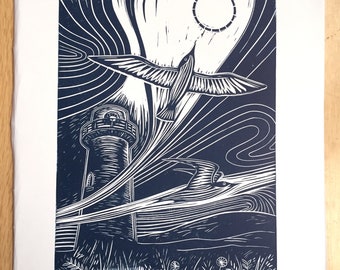 Original linocut print, Sandwich terns and lighthouse. Bird art