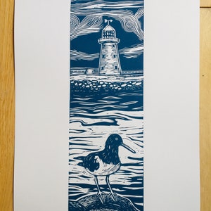 Original linocut print of oyster catcher and lighthouse. Bird art