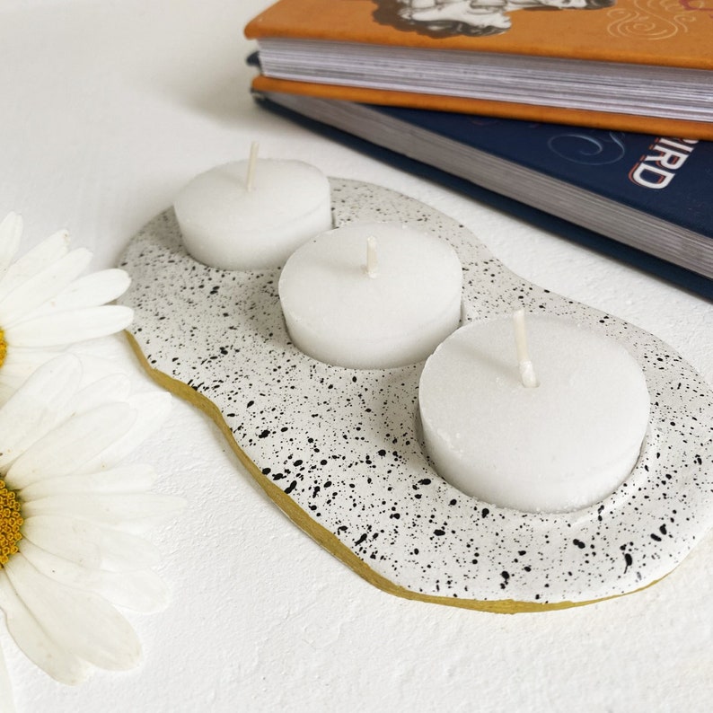 Handmade clay trio tea light candle holder in speckled natural Etsy