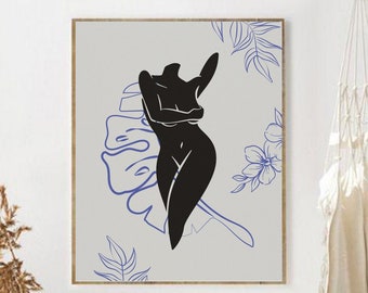 Flower Female Line Art Print, Neutral Bedroom Wall Art, Flowers Line Art, Boho Botanical Wall Art Print, One Line Female Body Poster