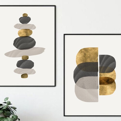 Minimalist Gold Wall Art Set of 2 / Geometric Grey and Mustard Etsy