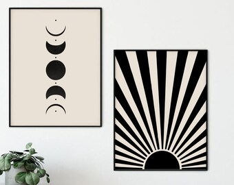 Abstract Lunar Phase and Sun Print / Sunburst Poster / Moon Poster / Boho Home Decor / Celestial Decor / Sunset Wall Art / Bedroom Wall Art