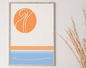 Beach Landscape Print, Ocean Wall Art, Modern Beach House Decor, Ocean Waves Print, Lake House Decor, Minimalist Sun Poster, Sun Rise Print