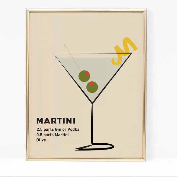 Martini Wall Art / Signature Cocktail Sign / Affiche de cuisine minimaliste / Cocktail Aquarelle Print / Décor de bar moderne / Cadeau d’alcool
