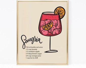 Sangria Bar Sign, Bar Cart Prints, Alcohol Gift, Retro Cocktail Poster, Modern Kitchen Decor, Liquor Wall Art, Sangria Cocktail Print