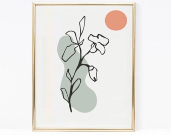 Minimalist Plant Drawing / Modern Botanical Line Art Print / Floral Kitchen Wall Decor / Abstract Flower Drawing / Flower Lover Gift