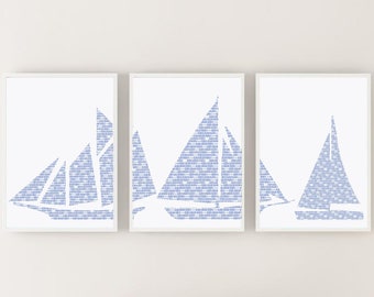 Printable Coastal Sailboat 3 Piece Wall Art / Modern Beach House Decor / Nautical Lake House Decor / Seascape Wall Art / Sailing Wall Art