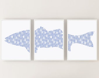 Coastal Fish Wall Art Set of 3 / Lake House Wall Decor / Fisherman Gift / Nautical Bathroom Wall Art / Modern Nautical Fish Decor