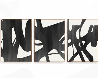 Black Brush Strokes Art Print Set of 3 / Abstract Minimal Art / Black And White Wall Art Set  / Large Triptych Art / Modern Art Print Set