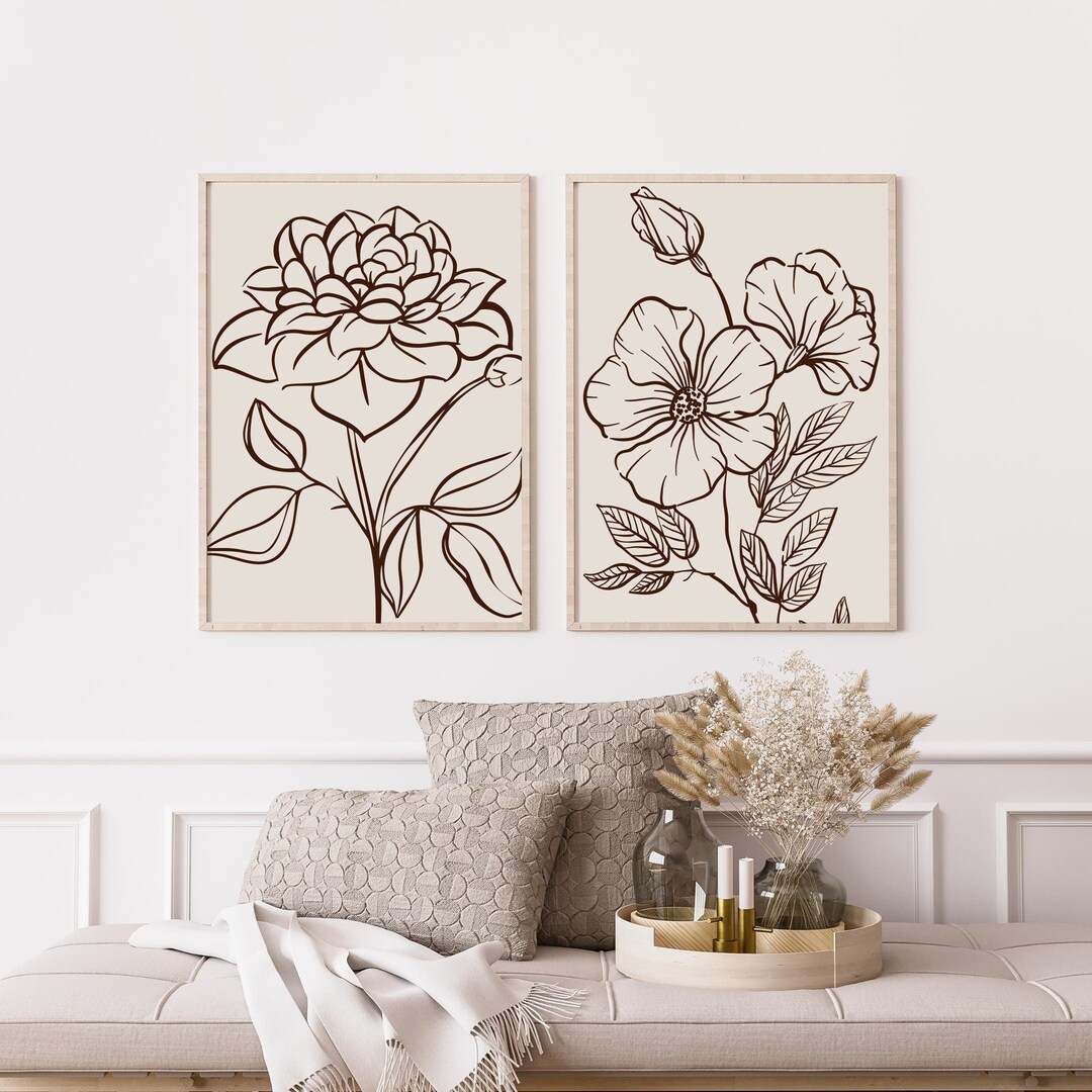 Boho Botanical Line Art Print, Boho Wall Decor Set of 2, Scandi Art ...