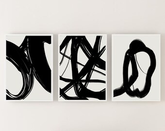 Abstract Modern Gallery Wall Art Set of 3 / Black Brush Strokes Art Print / Contemporary Art Print / Office Wall Decor / Modern Home Decor