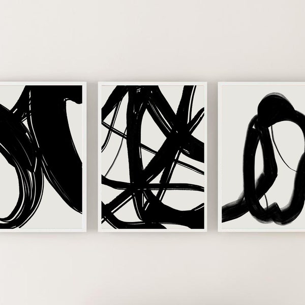 Abstract Modern Gallery Wall Art Set of 3 / Black Brush Strokes Art Print / Contemporary Art Print / Office Wall Decor / Modern Home Decor