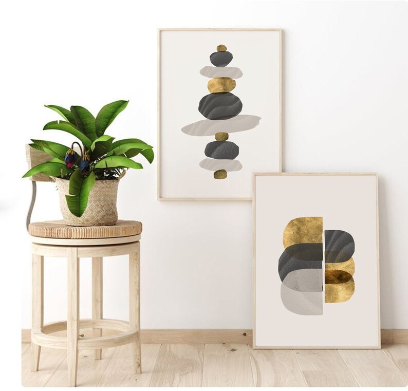 Minimalist Gold Wall Art Set of 2 / Geometric Grey and Mustard Etsy