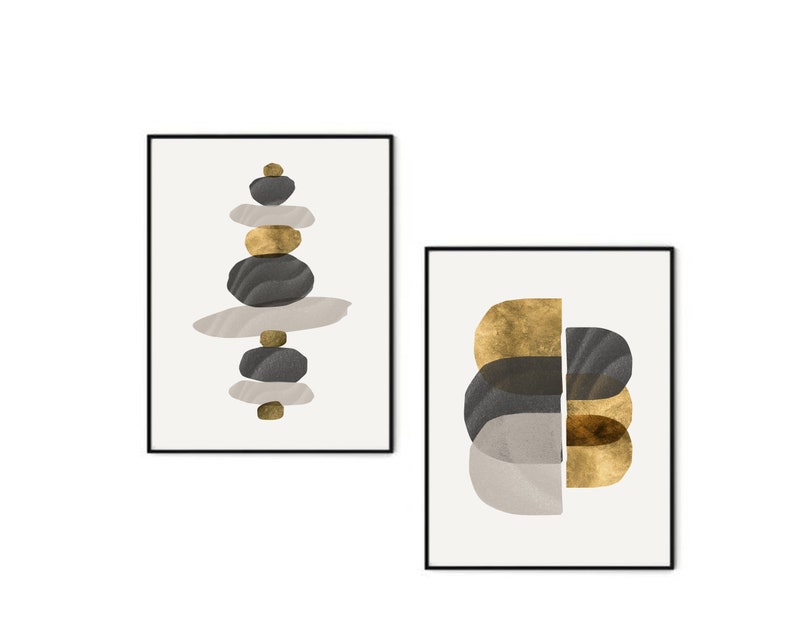 Minimalist Gold Wall Art Set of 2 / Geometric Grey and Mustard Etsy
