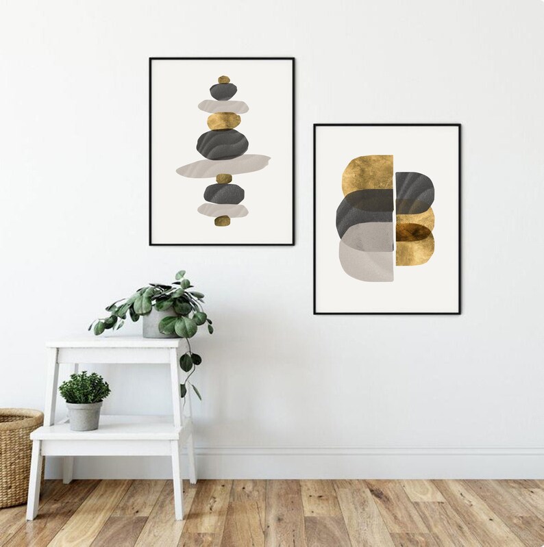 Minimalist Gold Wall Art Set of 2 / Geometric Grey and Mustard Etsy