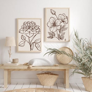 Boho Botanical Line Art Print, Boho Wall Decor Set of 2, Scandi Art ...