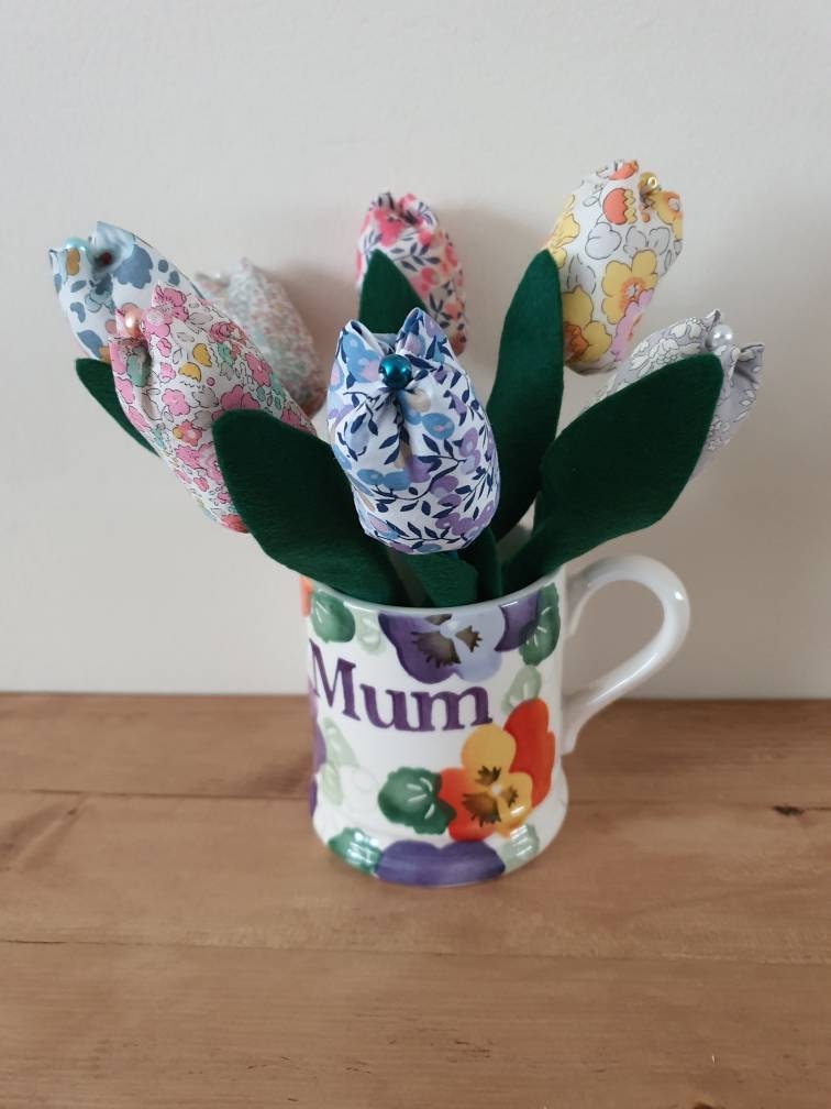 Liberty fabric tulip flowers in Emma Bridgewater Mum mug. Etsy