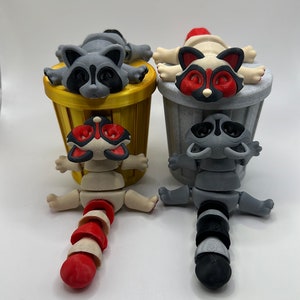 Trash Panda 3D Printed, Articulated Raccoon Figurine, Optional Marble Style Trash Can, 5.5 Inches Long, Home Desk Or Decor Ornament