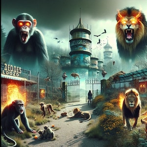 May include: A digital illustration of a jungle scene with a lion, monkey, and other animals. The scene is set in a zoo with a gate, a building, and a sign that reads "ZOO DES LOOS."