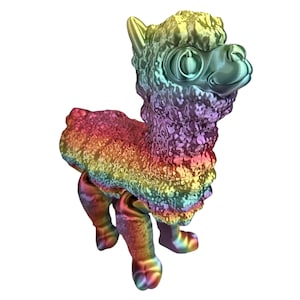 May include: A colorful, rainbow-hued alpaca figurine. The alpaca has a textured, metallic finish with a gradient of colors, including green, yellow, purple, and red. The figurine is standing on four legs and has a detailed face.