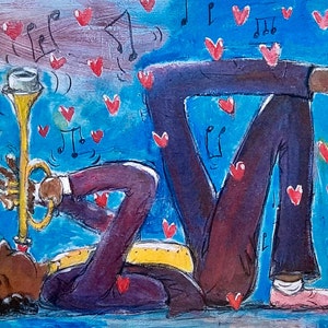 Carte postale artistique d'un musicien avec une trompette la nuit, illustration d'un homme jouant de la musique