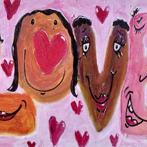Postal de amor rosa de mi pintura acrílica, celebra la paz, el amor y la diversidad, ilustración, impresión de arte original