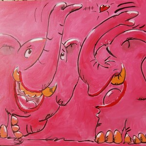 Postkarte von meinem Acryl + Kohle Gemälde : 2 Elefanten, rosa, Glück, Liebe und Frieden