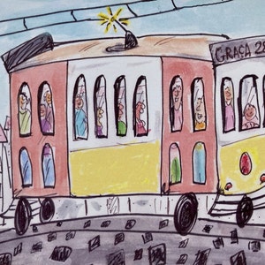 Cartolina illustrata ad acquerello del tram giallo d'epoca 28 di Lisbona
