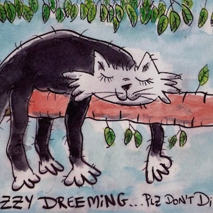 Postkarte einer Katze schlafend und träumend auf einem Baum, Aquarell Illustration, Kunst
