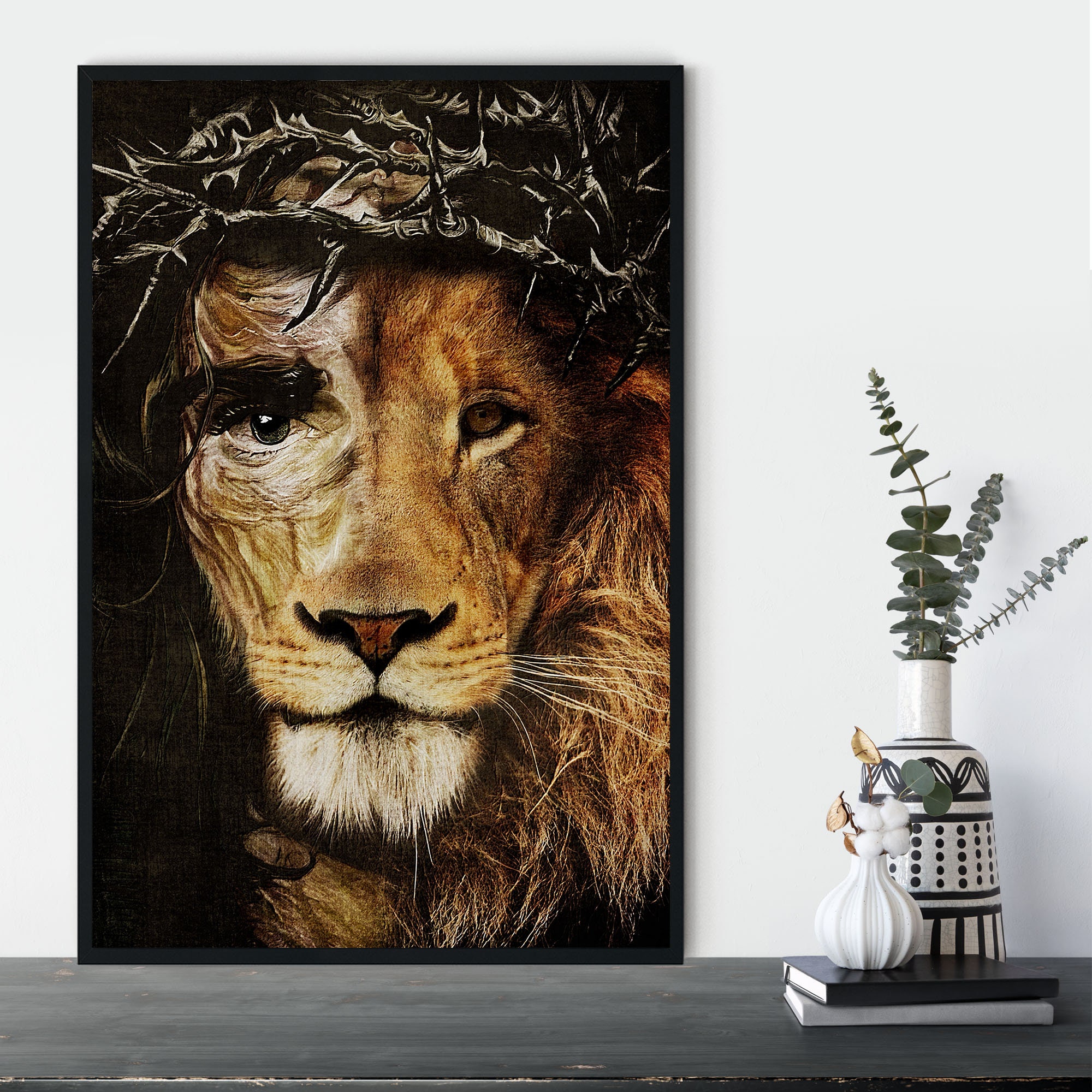 Jesus And Lion Canvas Lion Jesus Wall Art Lion Of Judah Etsy