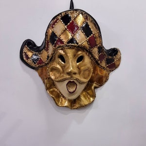 Venetian harlequin, gold leaf and music paper, large size, handmade papier-mâché