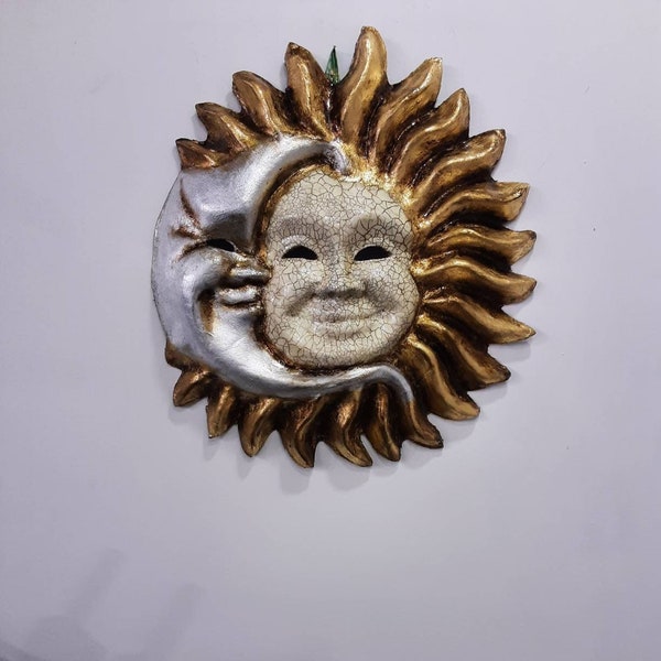 Sun Moon Venetian papier-mâché mask, handmade medium size and hand painted gold leaf and craquele' cracked