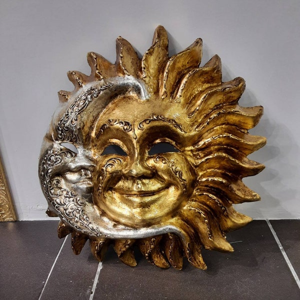 Sun Moon Venetian papier-mâché mask, handmade medium size and hand painted in gold leaf and silver leaf