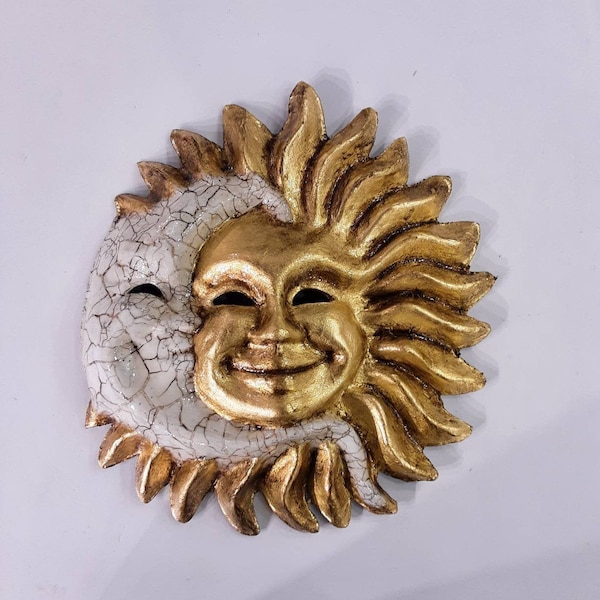 Sun Moon Venetian papier-mâché mask, handmade medium size and hand painted gold leaf and craquele' cracked