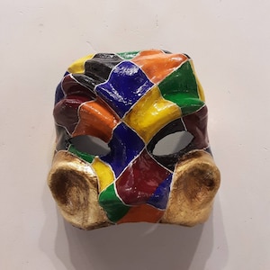 Venetian Harlequin Mask of the Commedia Dell Arte in papier-mâché and hand-painted