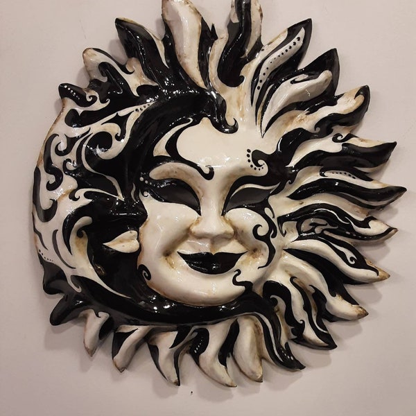 Sun Moon Venetian paper mache mask, handmade medium size and hand painted