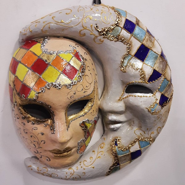 Sun Moon Venetian papier-mâché mask, handmade medium size and hand painted in gold leaf and silver leaf