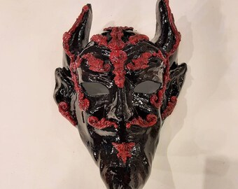 Salvador Dali' Venetian Devil Mask in hand-painted papier-mâché and baroque decorations, black, hand made, paper mache, Halloween,