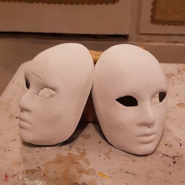 2 full face Venetian Colombina masks, in white base papier mache to decorate, unisex paper mache, Venetian mask, paint, carnival mask,