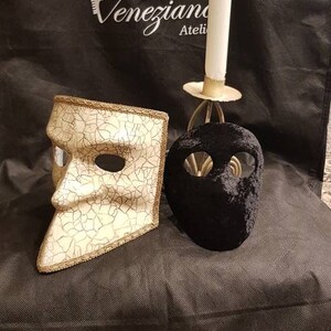 2 Venetian Bauta and Moretta Masks, in papier-mâché and hand-decorated, craquelé bauta and moretta with black velvet, handmade, Venetian mask